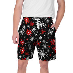 Шорты на шнурке мужские Белые и красные снежинки на черном фоне - нейросет, цвет: 3D-принт
