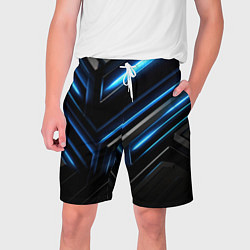 Шорты на шнурке мужские Черный абстрактный фон и синие неоновые вставки, цвет: 3D-принт
