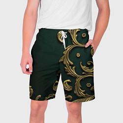Шорты на шнурке мужские Лепнина золотые узоры на зеленой ткани, цвет: 3D-принт