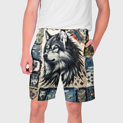 Шорты на шнурке мужские Волк на дениме Пэчворк, цвет: 3D-принт