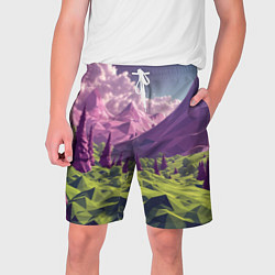 Шорты на шнурке мужские Геометрический зеленый пейзаж и фиолетовые горы, цвет: 3D-принт