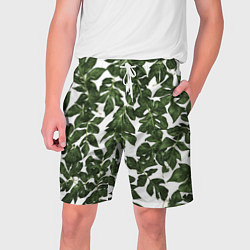 Шорты на шнурке мужские Зеленые листочки на белом фоне, цвет: 3D-принт