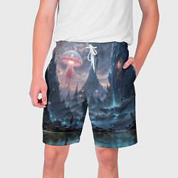 Шорты на шнурке мужские Фантастический мир с медузами и озеро у гор, цвет: 3D-принт