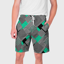 Шорты на шнурке мужские Черно бирюзовая абстрактная геометрия пэчворк, цвет: 3D-принт