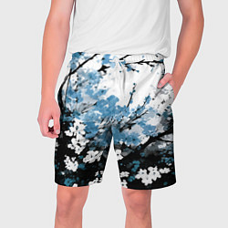 Мужские шорты Абстракция чёрное дерево с синими цветами