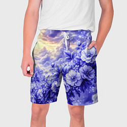 Шорты на шнурке мужские Сине-сиреневый цветы на фоне облаков, цвет: 3D-принт