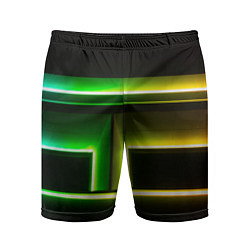 Шорты спортивные мужские Неоновые фигуры и линии - Зелёный и жёлтый, цвет: 3D-принт