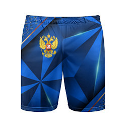 Шорты спортивные мужские Герб РФ на синем объемном фоне, цвет: 3D-принт
