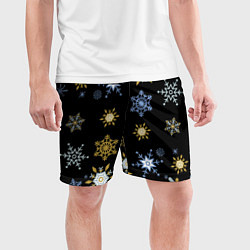 Шорты спортивные мужские Новый год снежинки на чёрном фоне, цвет: 3D-принт — фото 2