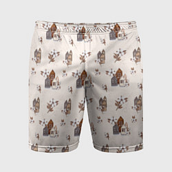 Шорты спортивные мужские Хюгге паттерн с домиками и цветами хлопка, цвет: 3D-принт
