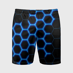 Шорты спортивные мужские Соты на синем неоновом фоне, цвет: 3D-принт
