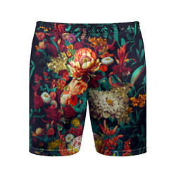 Шорты спортивные мужские Цветочный паттерн с цветами и листьями, цвет: 3D-принт