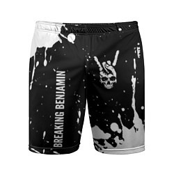 Мужские спортивные шорты Breaking Benjamin и рок символ на темном фоне