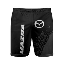 Мужские спортивные шорты Mazda speed на темном фоне со следами шин: надпись