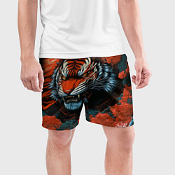 Шорты спортивные мужские Тигр с розами на волнах в стиле тату ирезуми, цвет: 3D-принт — фото 2