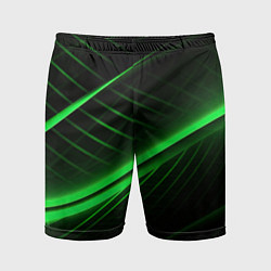 Шорты спортивные мужские Зеленые полосы на черном фоне, цвет: 3D-принт