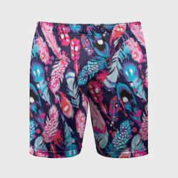 Шорты спортивные мужские Экзотические перья разноцветные, цвет: 3D-принт