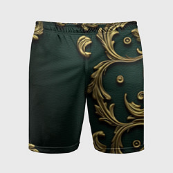 Шорты спортивные мужские Лепнина золотые узоры на зеленой ткани, цвет: 3D-принт