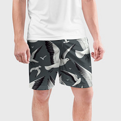Шорты спортивные мужские Белый силуэт Чайки на сером - морской паттерн, цвет: 3D-принт — фото 2