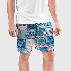 Шорты спортивные мужские Кошки на пэчворк джинсах паттерн, цвет: 3D-принт — фото 2