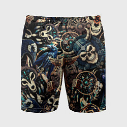 Шорты спортивные мужские Викинг-череп ворон, руны и молот Тора, цвет: 3D-принт