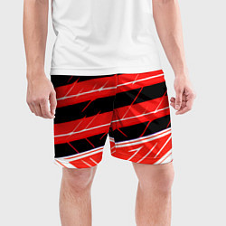 Шорты спортивные мужские Чёрно-белые полосы на красном фоне, цвет: 3D-принт — фото 2