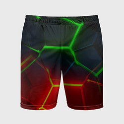 Шорты спортивные мужские Зеленые и красные неоновые плиты в разломе, цвет: 3D-принт