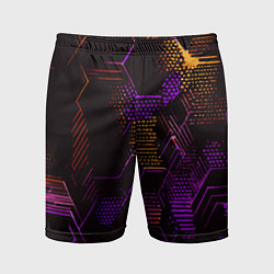 Шорты спортивные мужские Жёлто-фиолетовые точки и линии на чёрном фоне, цвет: 3D-принт