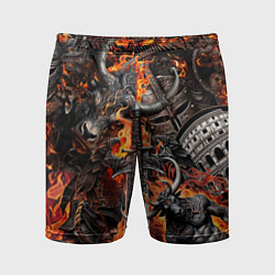 Шорты спортивные мужские Гладиатор и минотавр на фоне огня мечей и щитов, цвет: 3D-принт