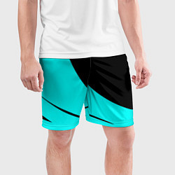 Шорты спортивные мужские Чёрный и неоновый голубой двуцветный с полосой, цвет: 3D-принт — фото 2