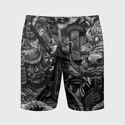 Шорты спортивные мужские Самурай и дракон в стиле татуировки ирезуми, цвет: 3D-принт
