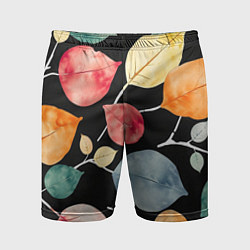 Шорты спортивные мужские Разноцветные акварельные листья на чёрном, AI, цвет: 3D-принт