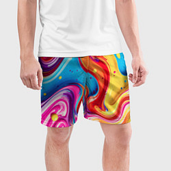 Шорты спортивные мужские Смесь красно-жёлто-голубых масляных красок абстрак, цвет: 3D-принт — фото 2