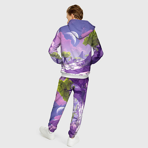 Мужской костюм Фиолетовые горы зеленые деревья и космос / 3D-Белый – фото 4