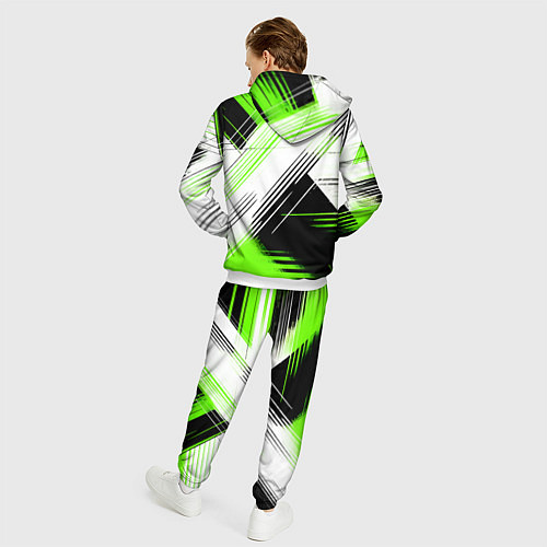 Мужской костюм Диагональные бело-зелёные линии на чёрном фоне / 3D-Белый – фото 4
