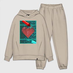 Мужской костюм оверсайз Красное сердце маркером, цвет: миндальный