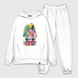 Мужской костюм оверсайз Розовая коала с бумбоксом и тропическими листьями, цвет: белый