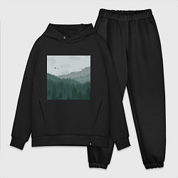 Мужской костюм оверсайз Туманные холмы и лес, цвет: черный