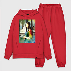 Мужской костюм оверсайз Мона Лиза в библиотеке - нейросеть - акварель, цвет: красный