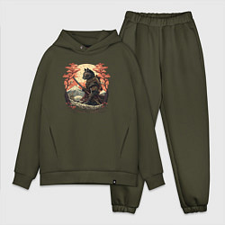 Мужской костюм оверсайз Японский самурайский кот, цвет: хаки