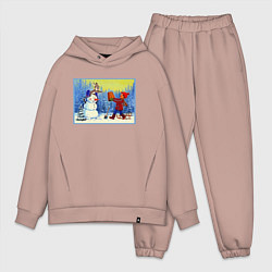 Мужской костюм оверсайз Картина заяц мальчик и снеговик, цвет: пыльно-розовый
