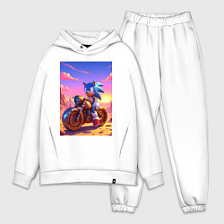 Мужской костюм оверсайз Ёж Соник на ржавом ретро мотоцикле в пустыне, цвет: белый