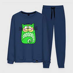 Костюм хлопковый мужской Прикольный зеленый кот, цвет: тёмно-синий