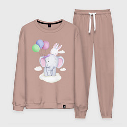 Костюм хлопковый мужской Милый Слонёнок и Крольчонок На Облаке, цвет: пыльно-розовый