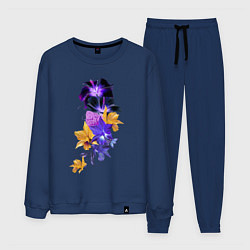 Костюм хлопковый мужской Цветы Фиолетовые и Оранжевые Гибискусы и Ирисы, цвет: тёмно-синий
