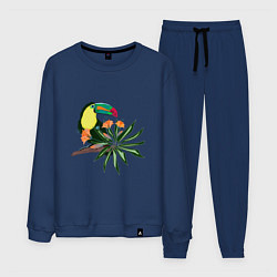 Костюм хлопковый мужской Птица тукан с цветами и листьями, цвет: тёмно-синий