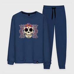Костюм хлопковый мужской Мексиканский череп и фиолетовый розы, цвет: тёмно-синий