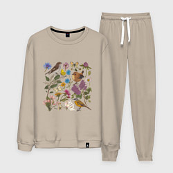 Костюм хлопковый мужской Цветение и птички, цвет: миндальный