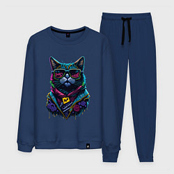 Костюм хлопковый мужской Панк кот в очках, цвет: тёмно-синий