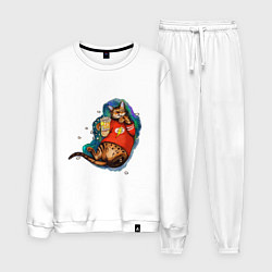 Костюм хлопковый мужской Ленивый бенгальский кот с попкорном, цвет: белый